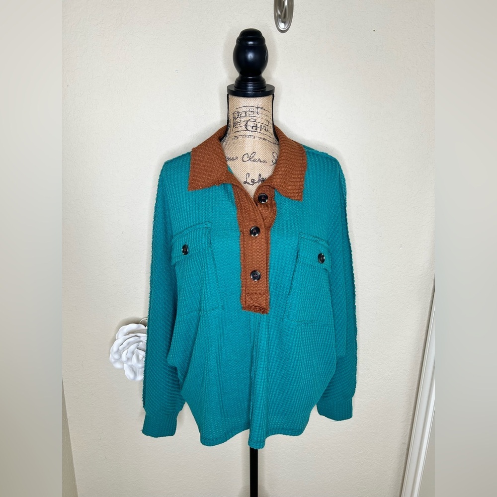NTM: JODIFL Waffle Knit Top Oversized Turquoise Brown Button Pocket Small